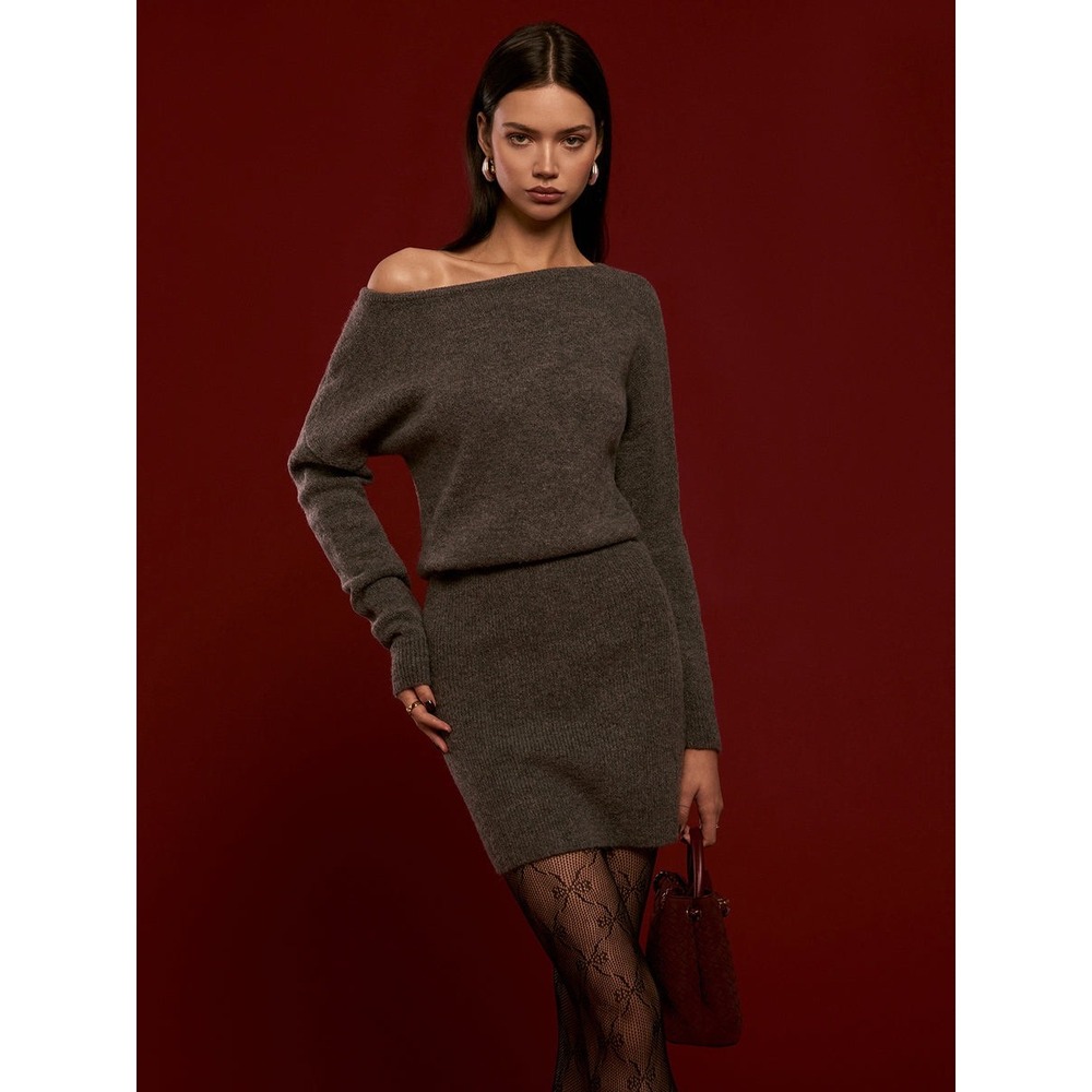COMMENSE Wool-Blend Asymmetrical Off Shoulder Grey Sweater Mini Dress Size M